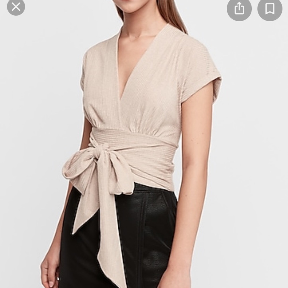 Metallic Ribbed Wrap Front Top